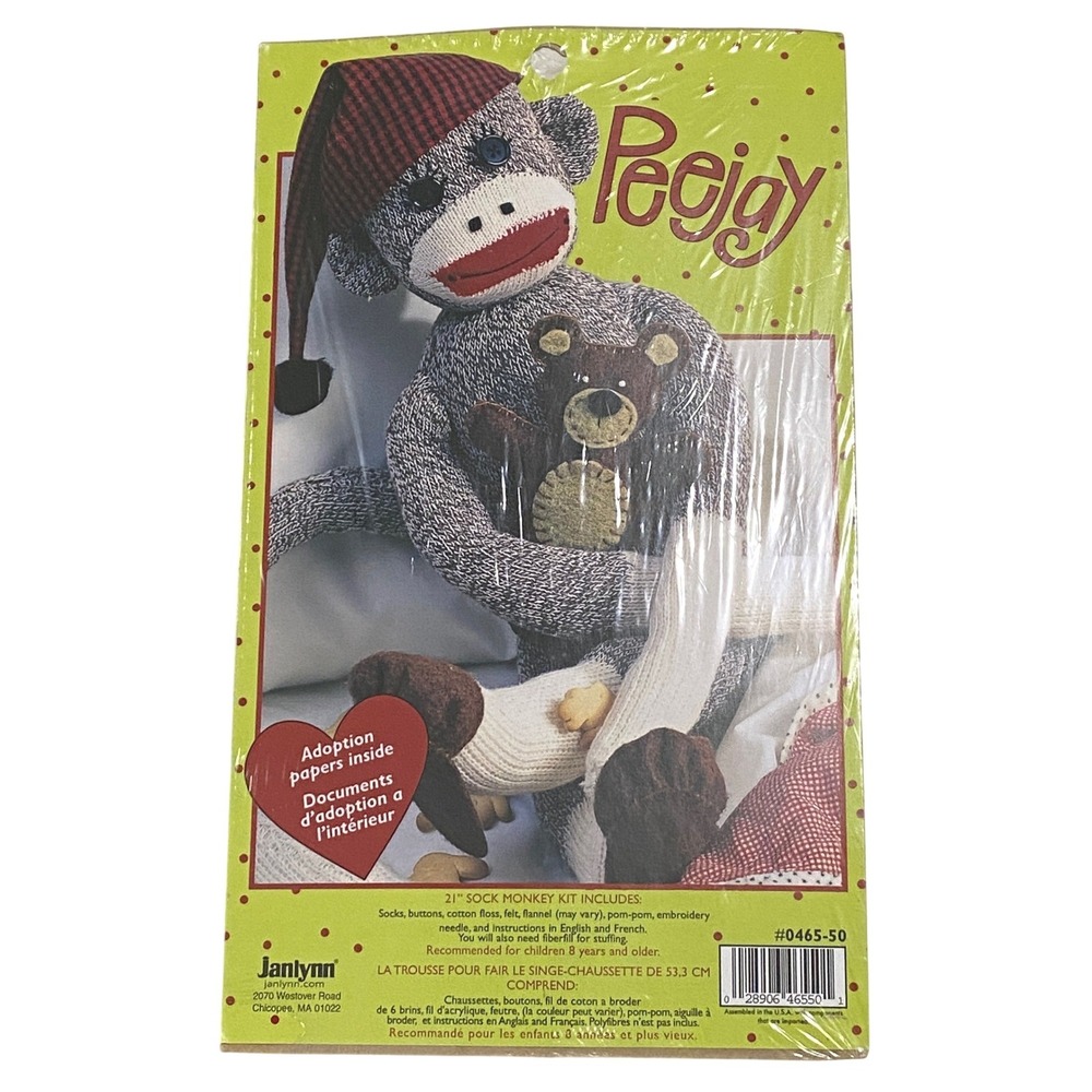 Janlynn Peejay Sock Monkey Kit 21 Inch Vintage DIY Sewing Stuffed Animal 0465-50